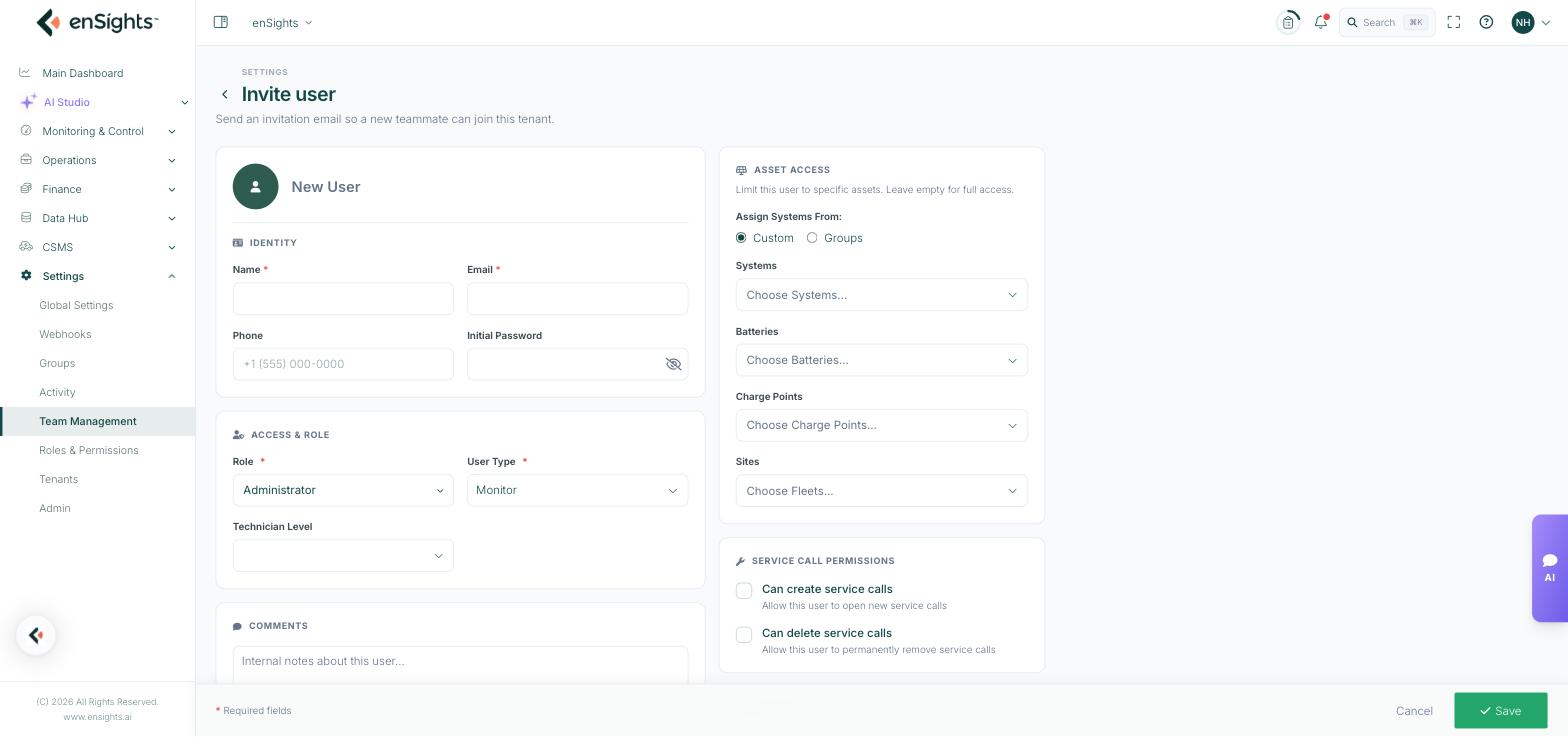 The Invite user form: Identity fields, Access & Role with Role, User Type and Technician Level, a Comments box, and the Asset Access panel with pickers for Systems, Batteries, Charge Points and Sites plus the service call permission checkboxes.