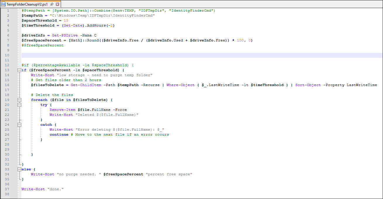 Temp folder cleanup v2 ps1 file with sample code