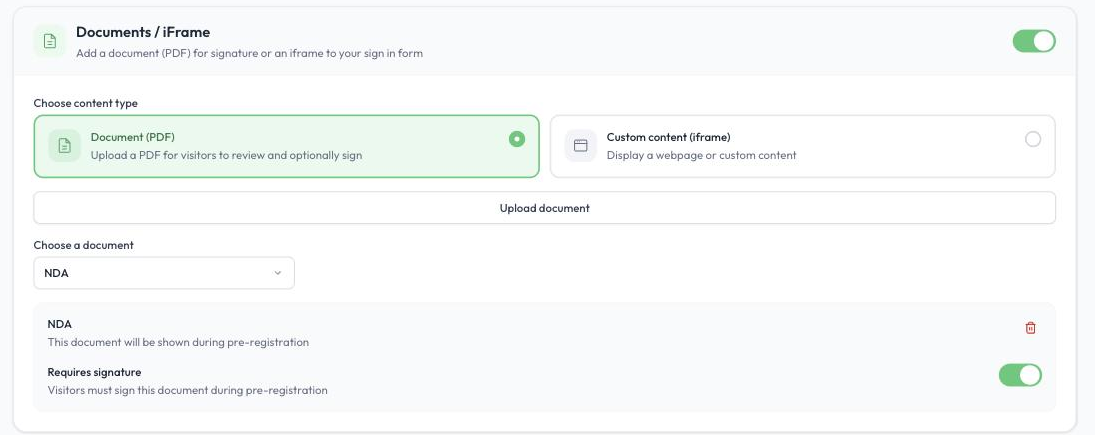 The Documents / iFrame section of a sign-in form