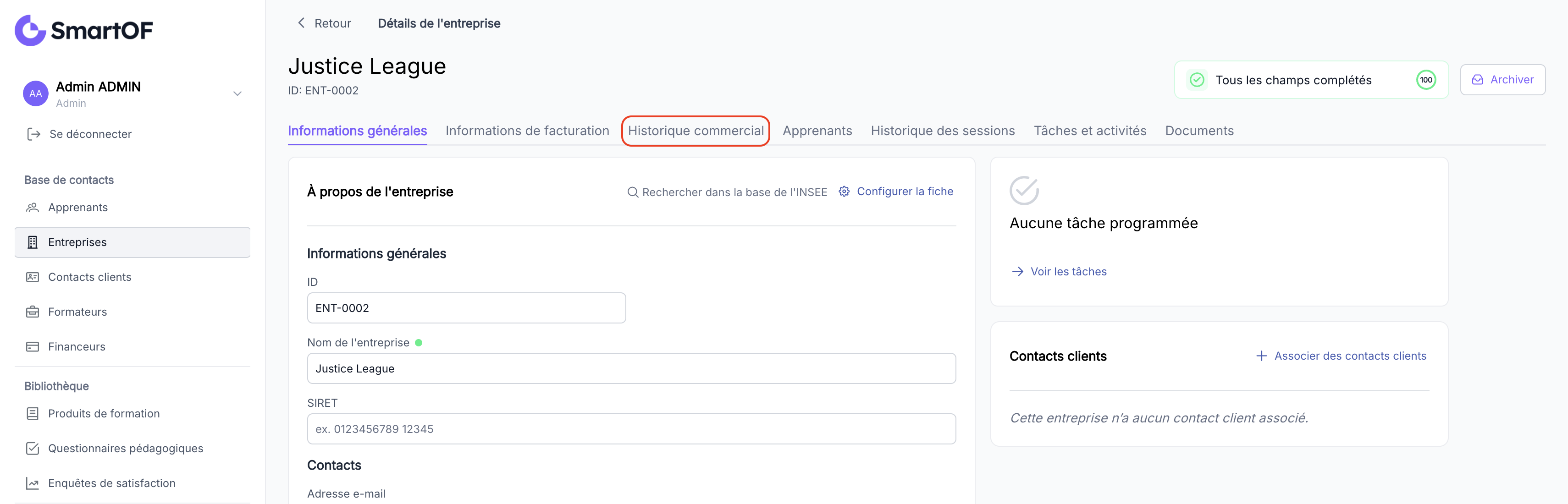Onglet Devis sur la fiche entreprise avec liste des devis