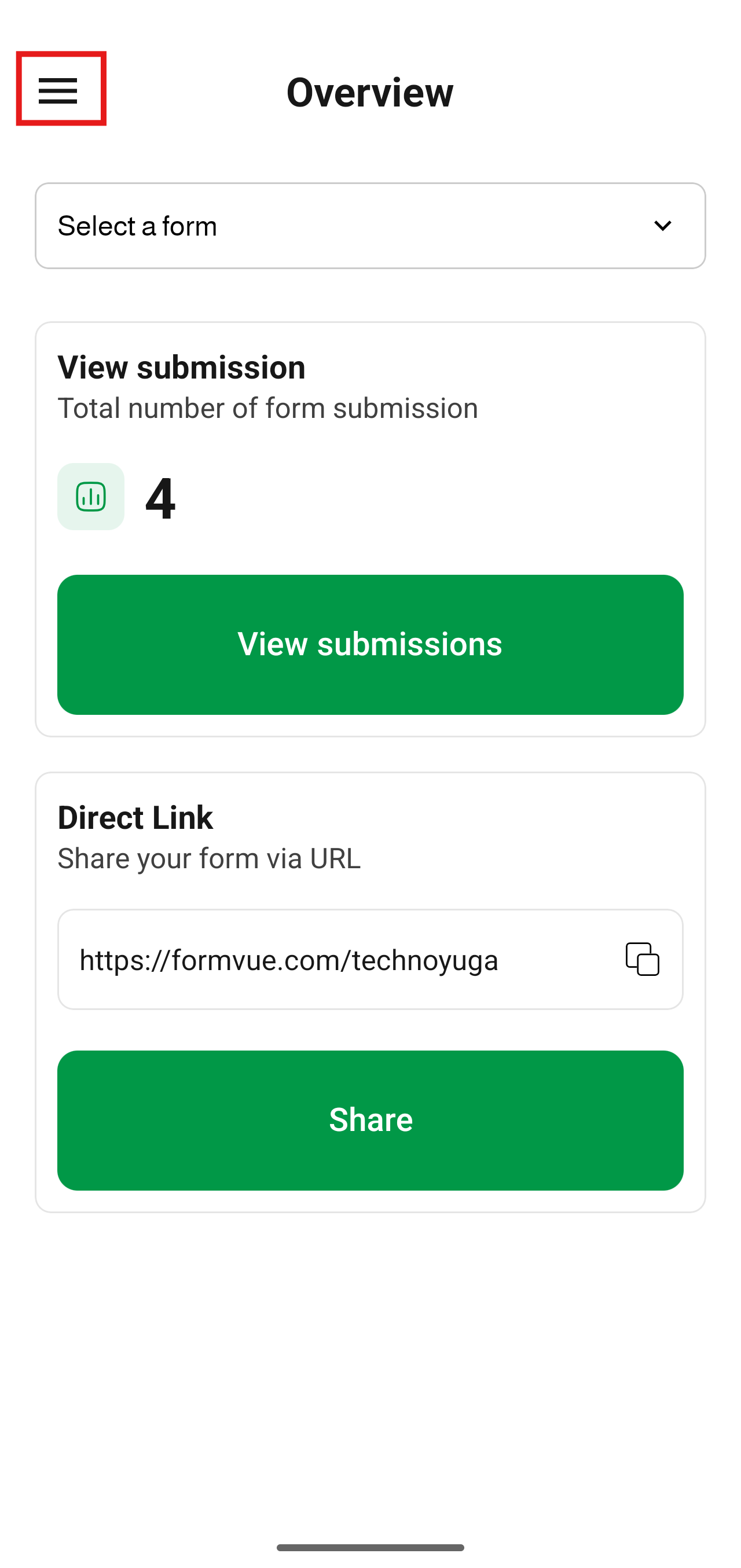 Formvue mobile app menu