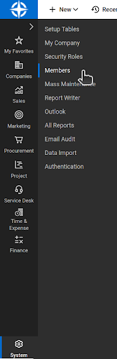 ConnectWise System menu expanded with Members highlighted.