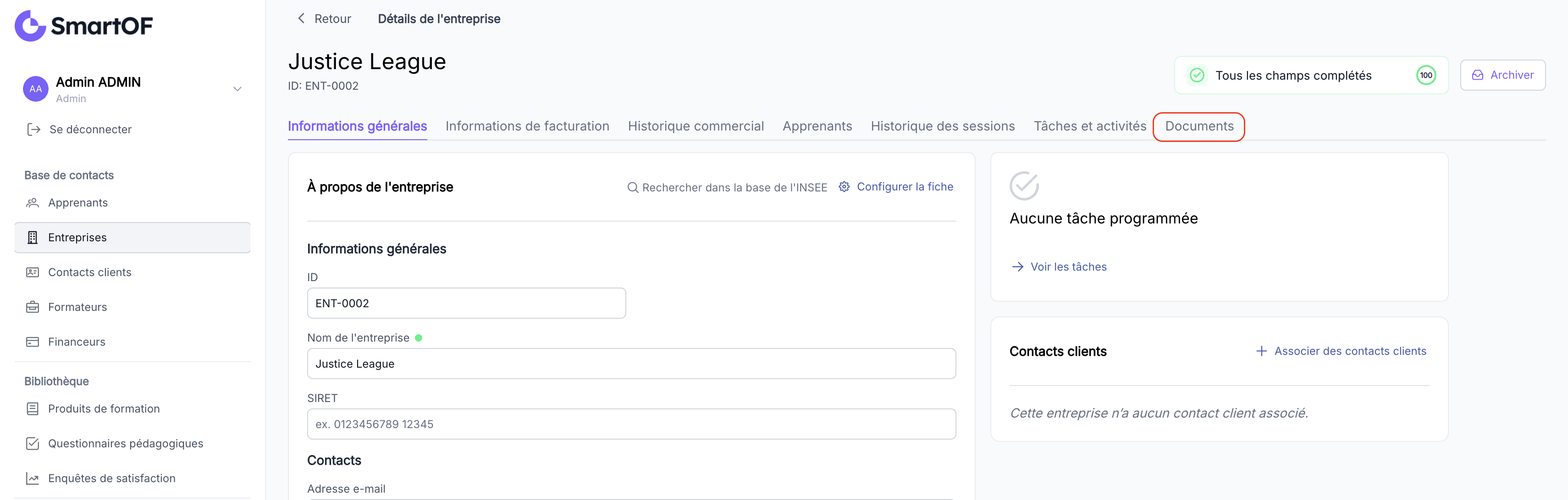 Onglet Documents sur la fiche entreprise