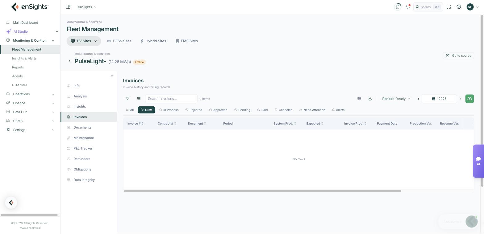 The Invoices tab of a PV site
