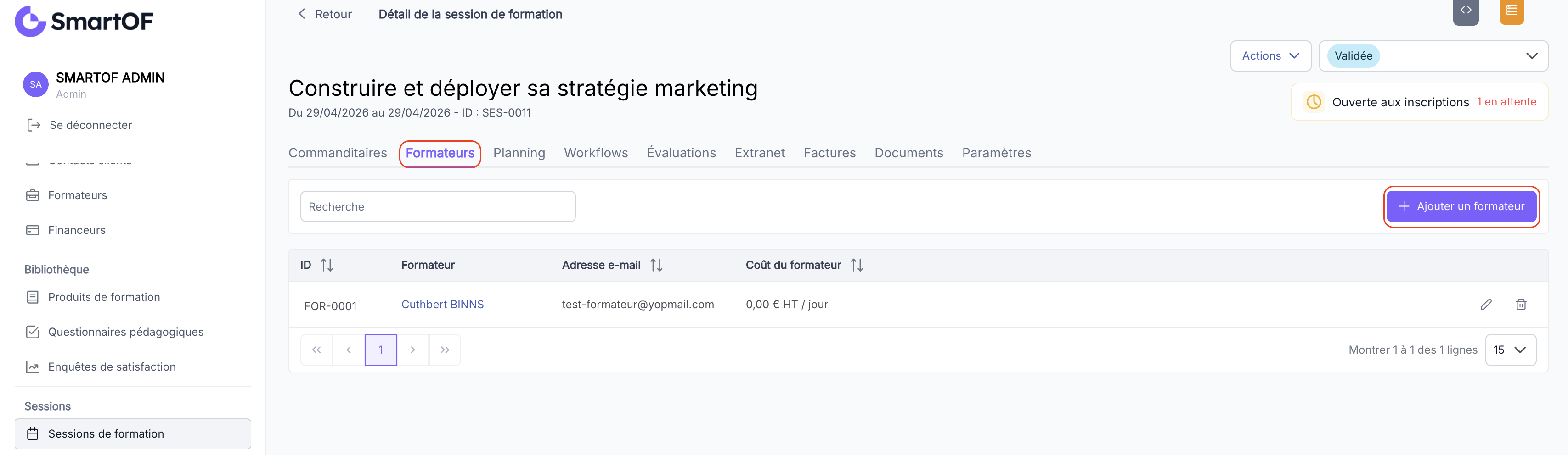 Onglet Formateurs vide sur la fiche session