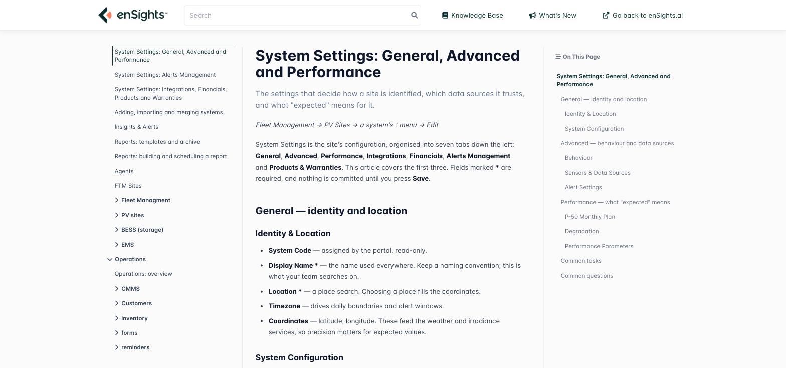 An article open in the knowledge base: the category navigation tree on the left, the article body in the middle, and the On This Page table of contents on the right.
