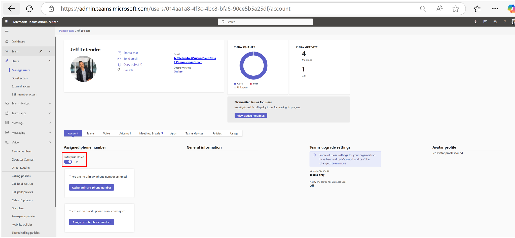 Enterprise Voice turned on for a user in the Microsoft Teams admin center