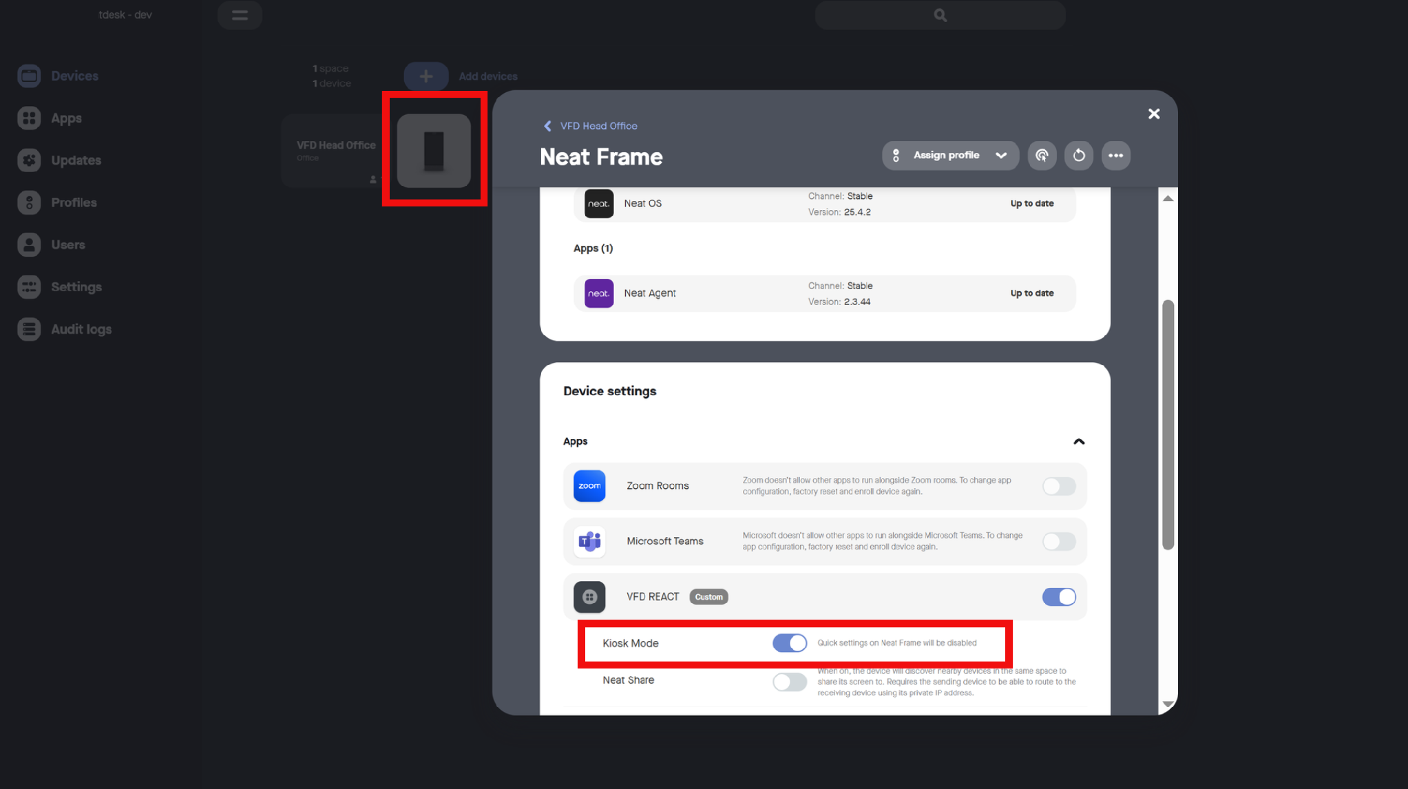Turn on Kiosk Mode