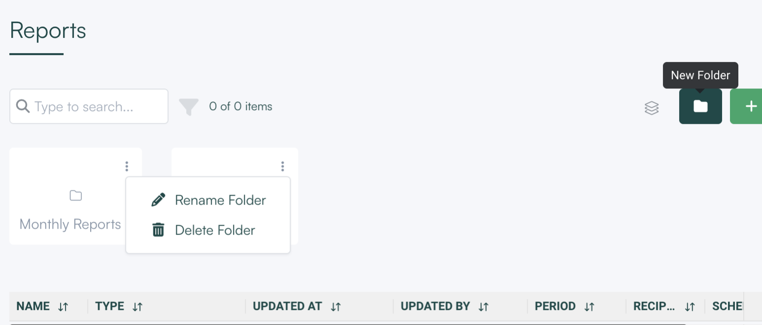 Reports page with folder cards above the reports table and the folder menu open showing Rename Folder and Delete Folder