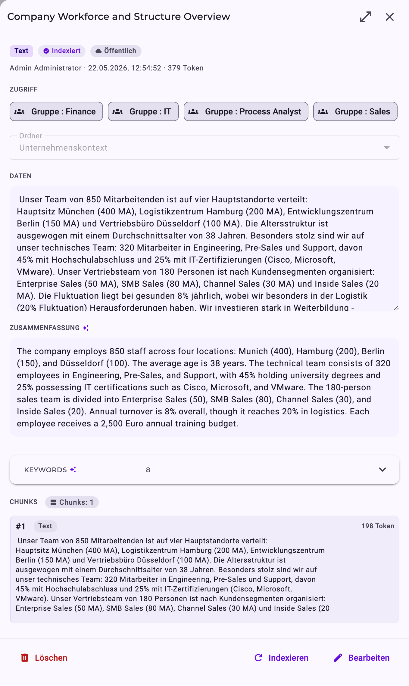 Der Detailbereich eines Kontexteintrags mit Zugriff, Inhalt, Zusammenfassung, Keywords und Chunks