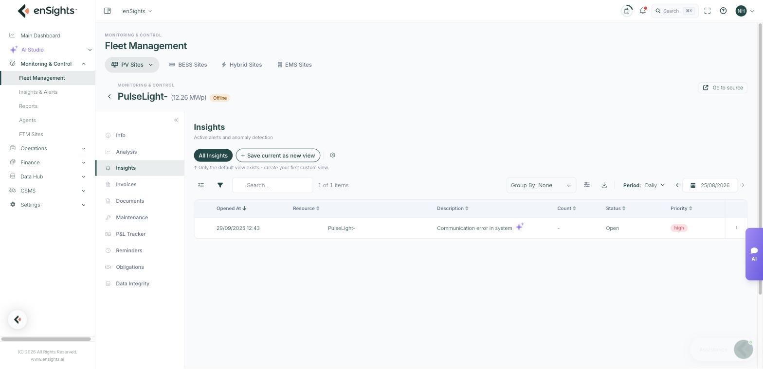 The Insights tab of a PV site