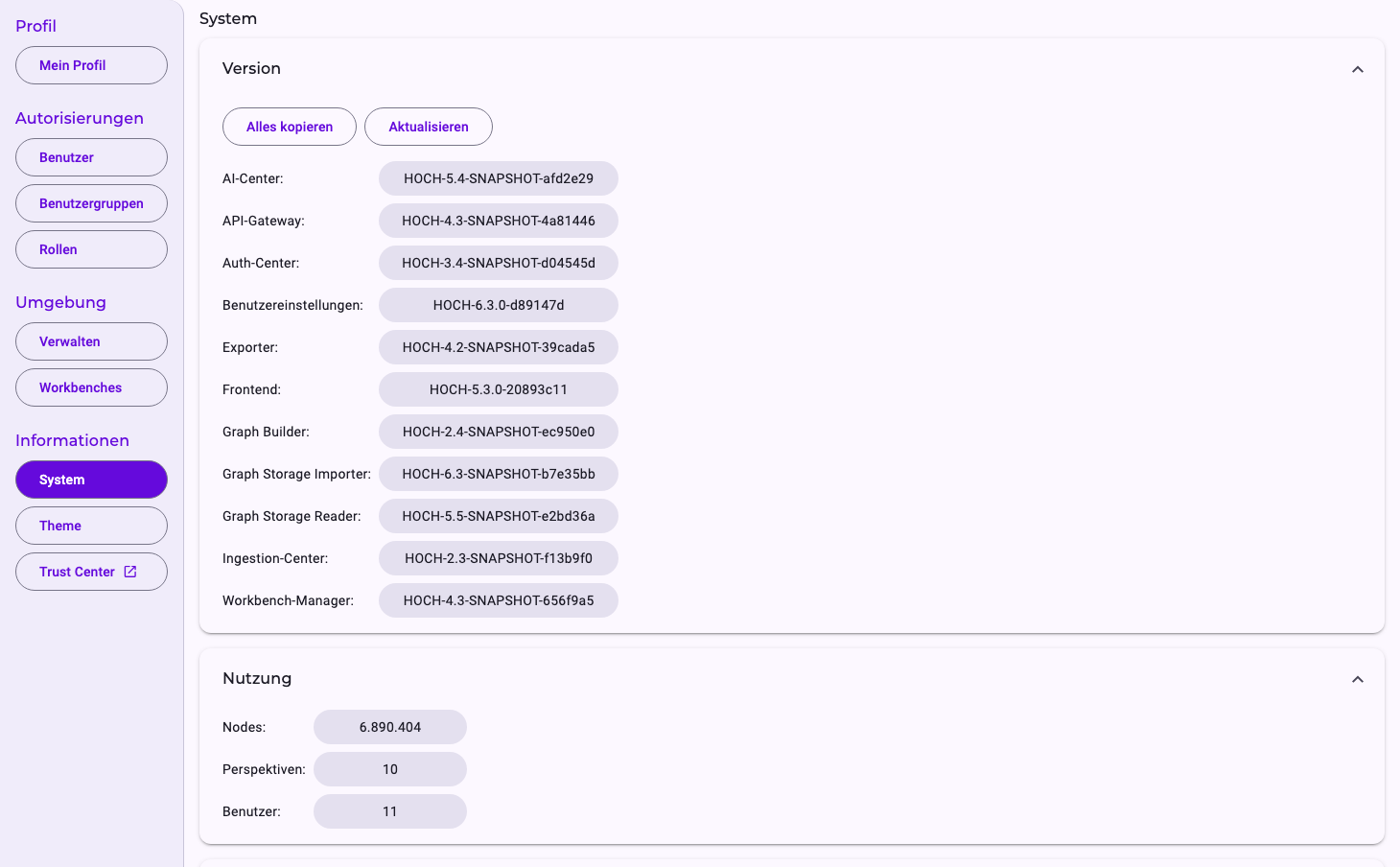 Die Seite System: Version mit Alles kopieren und Aktualisieren und den Versionen von AI-Center, API-Gateway, Auth-Center, Benutzereinstellungen, Exporter, Frontend, Graph Builder, Graph Storage Importer, Graph Storage Reader, Ingestion-Center und Workbench-Manager; Nutzung mit Nodes, Perspektiven und Benutzer