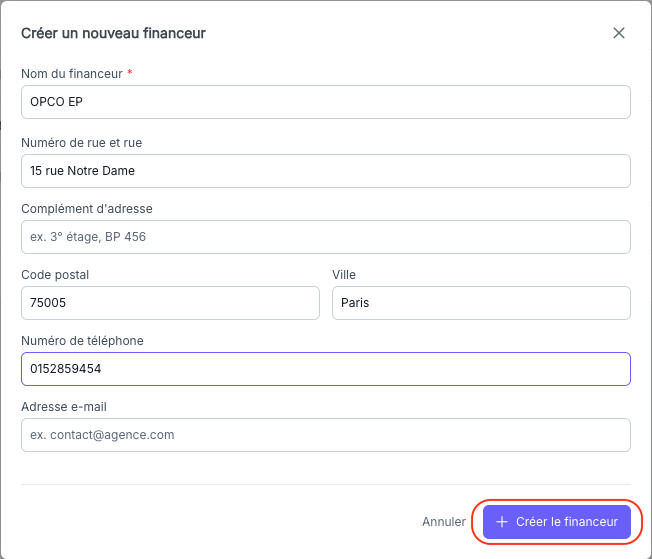 Bouton d'enregistrement du formulaire financeur