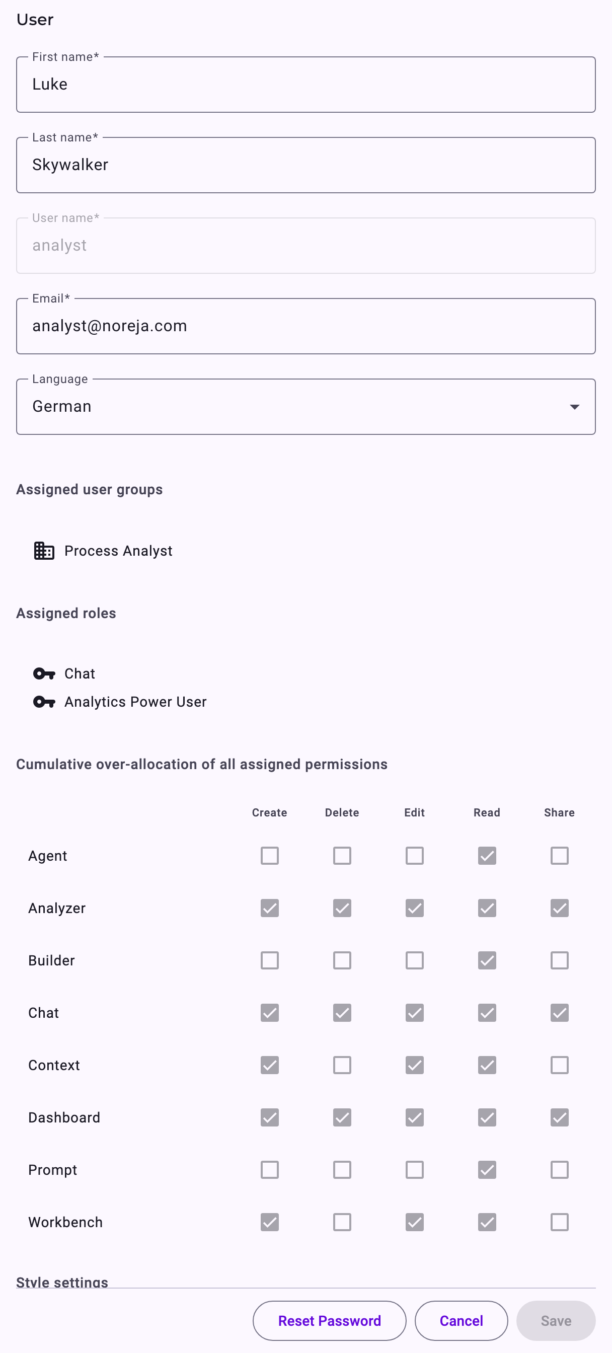 My Profile of a process analyst: First name, Last name, User name, Email and Language; Assigned user groups with Process Analyst; Assigned roles with Analytics Power User; the table of features and actions; Style settings with Dark mode; the buttons Reset Password, Cancel and Save