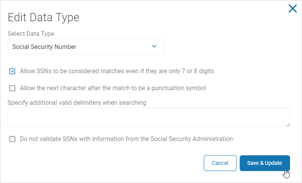 Social Security Number Edit Data Type window 