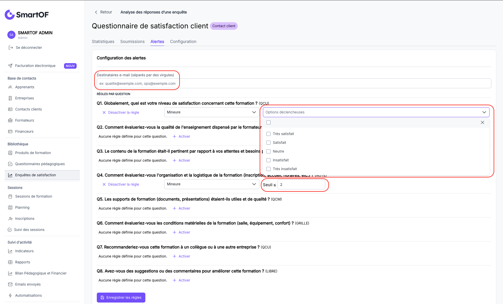 Formulaire de configuration d'une règle d'alerte avec condition de déclenchement et email destinataire