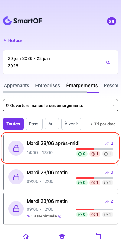 Créneau sélectionné dans la liste des émargements