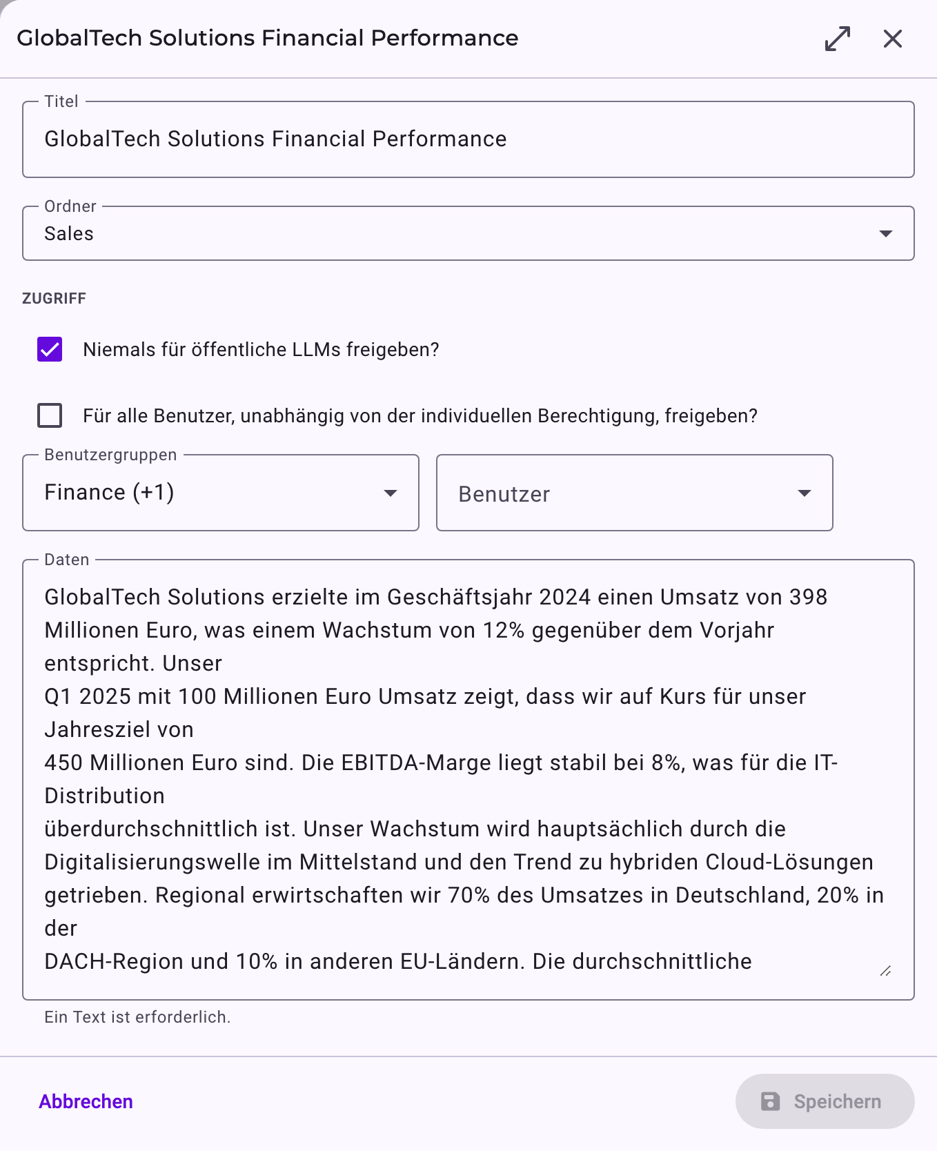 Der Bearbeitungsbereich eines Kontexteintrags mit Titel, Ordner, Zugriff und Inhalt
