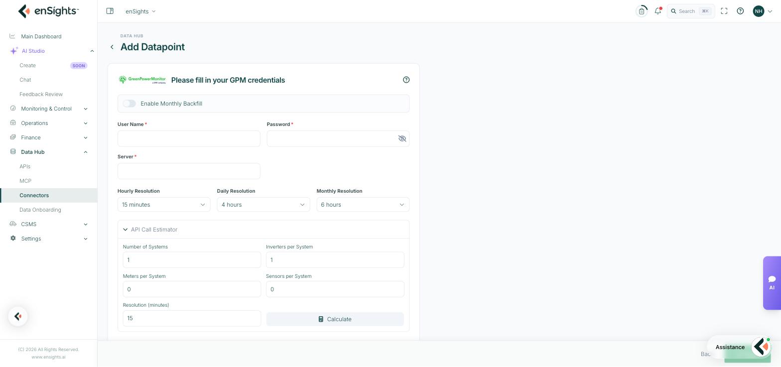 The API Call Estimator expanded, with inputs for number of systems, inverters, meters and sensors per system and the polling resolution in minutes, and a Calculate button.