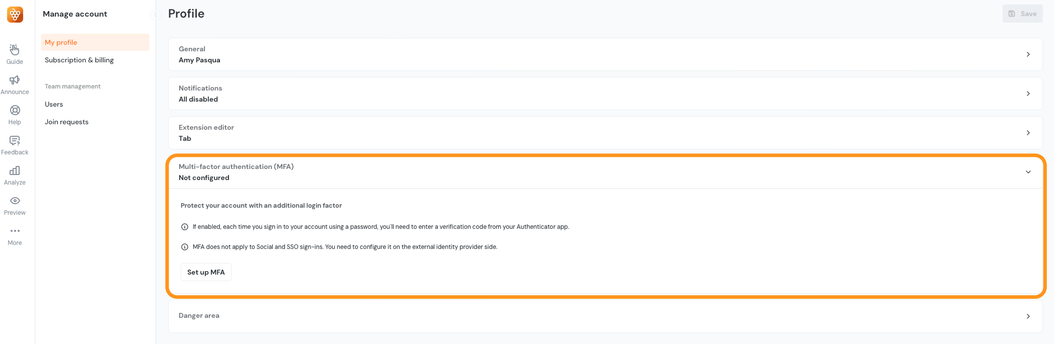 The My Profile page in the Product Fruits administration