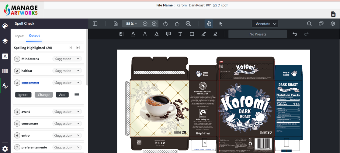 Manual spellcheck for packaging artworks