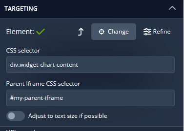 the Product Fruits editor showing the Parent iFrame CSS selector field