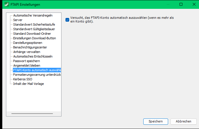 Einstellung FTAPI-Konto automatisch auswählen