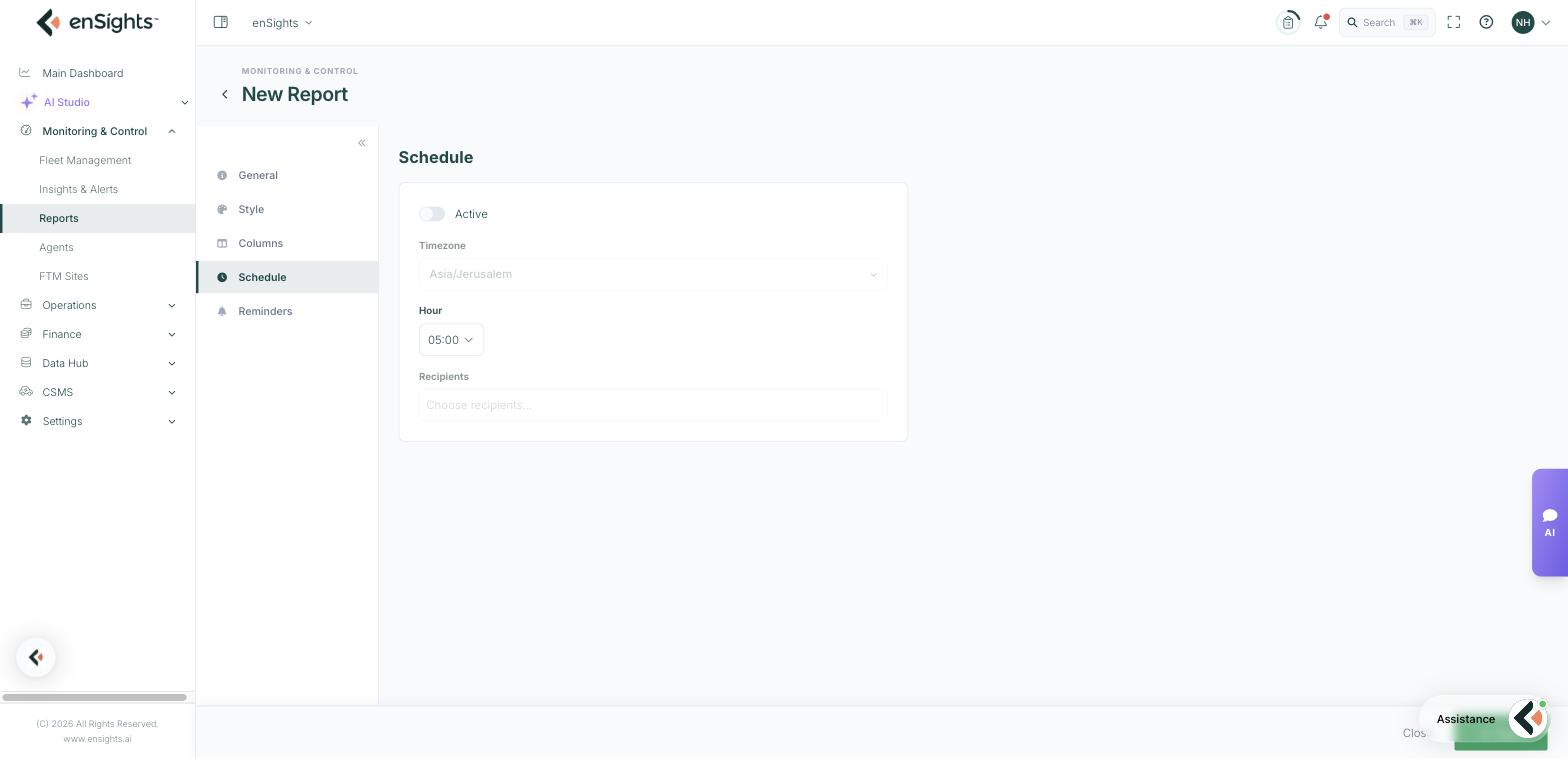 The report editor, Schedule tab
