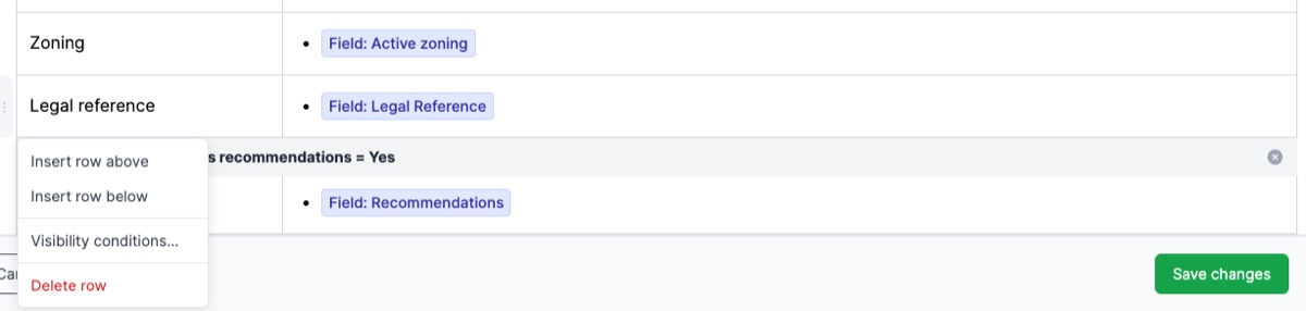 Table row context menu showing the Visibility conditions option