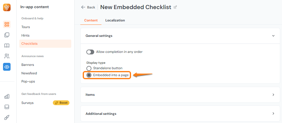 How to embed checklists to custom elements - Product Fruits Help Center