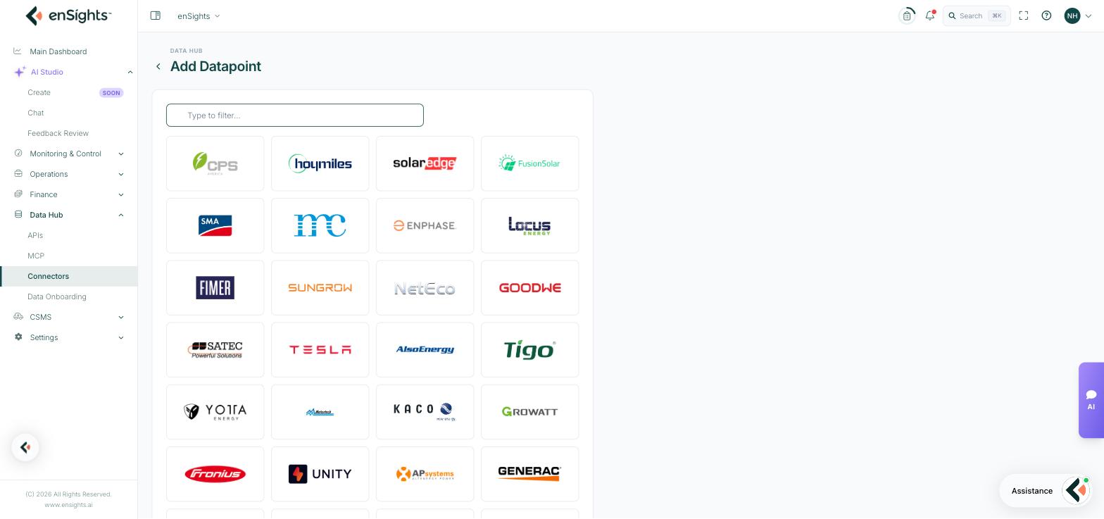 The Add Datapoint vendor grid, showing tiles for the supported monitoring vendors with a filter box above them.