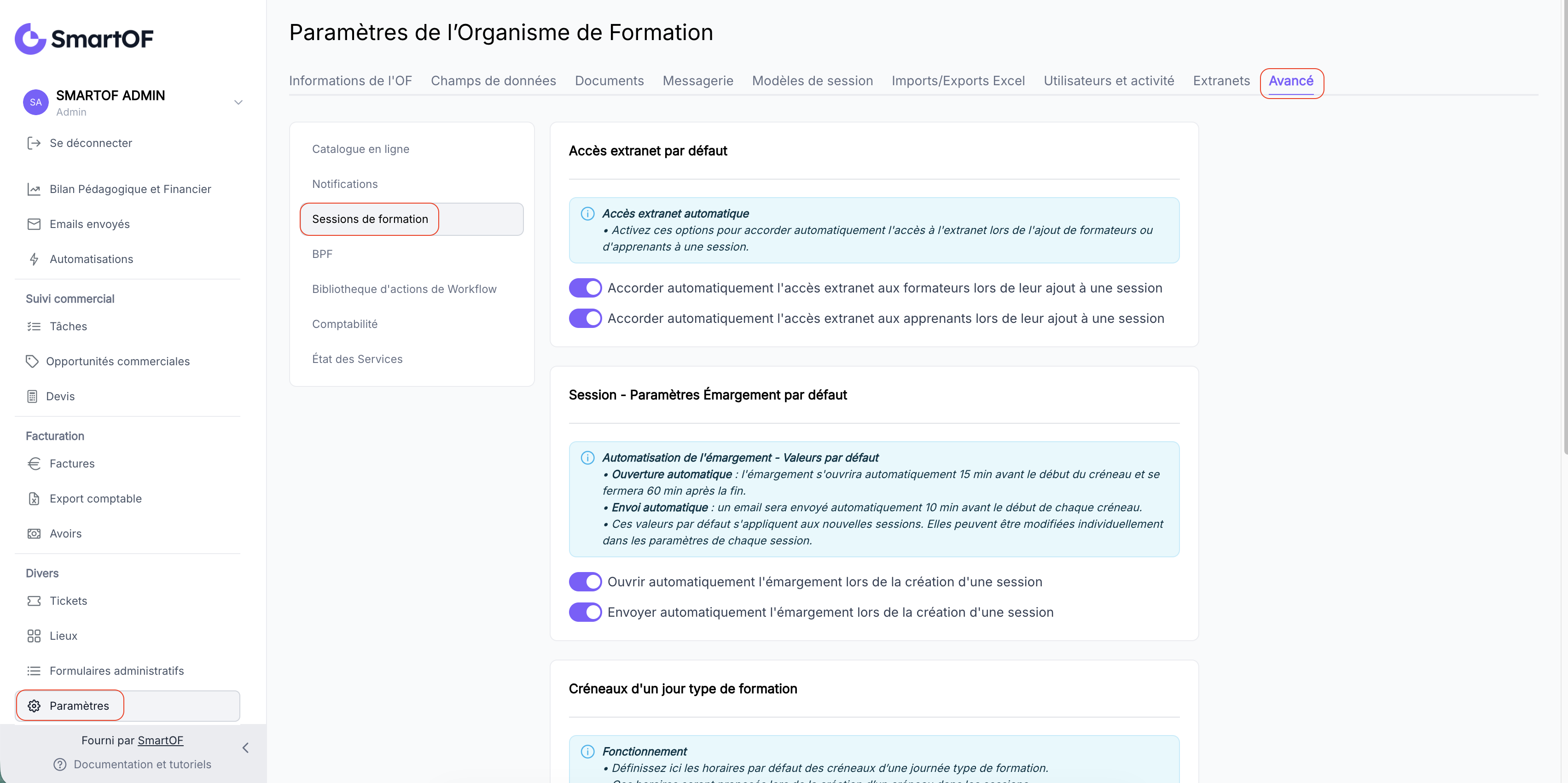 Chemin vers les paramètres avancés des sessions de formation