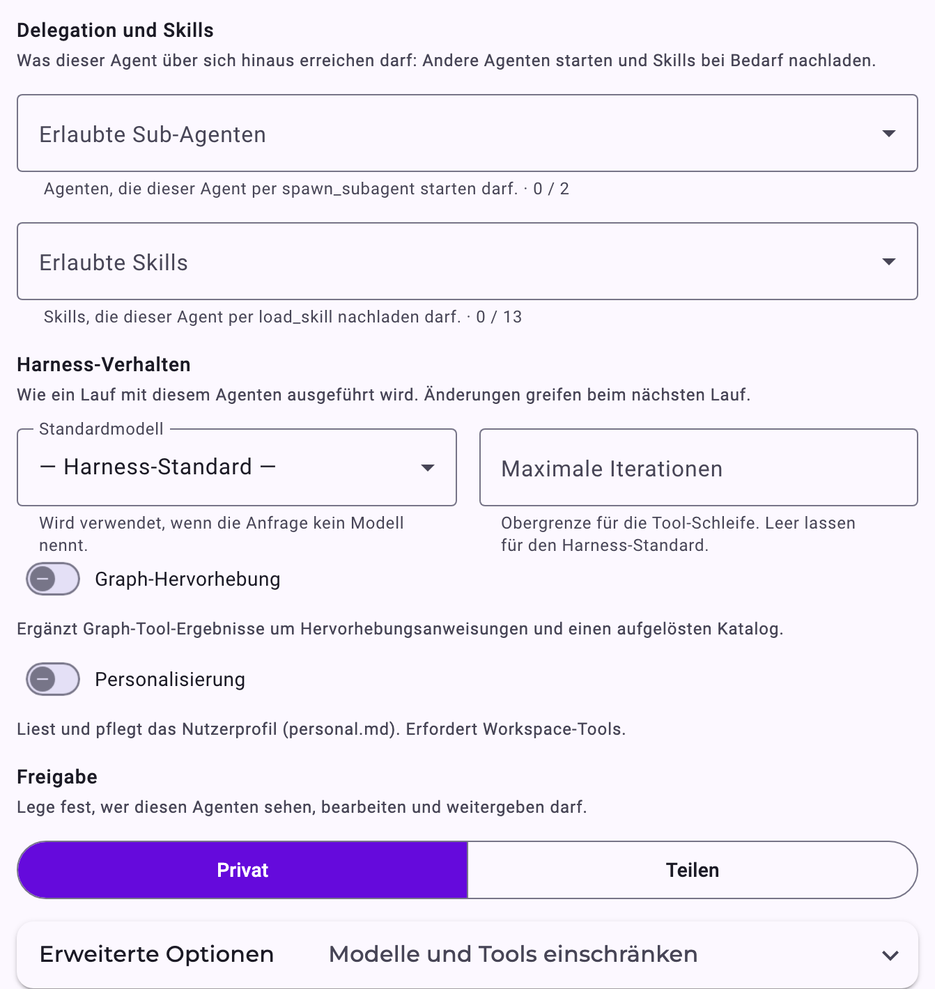 Der Bereich Neuer Agent mit den Abschnitten Delegation, Harness-Verhalten und Freigabe
