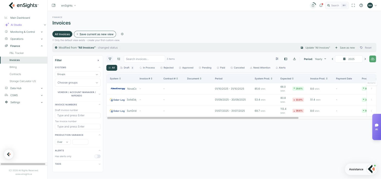 The Invoices filter panel