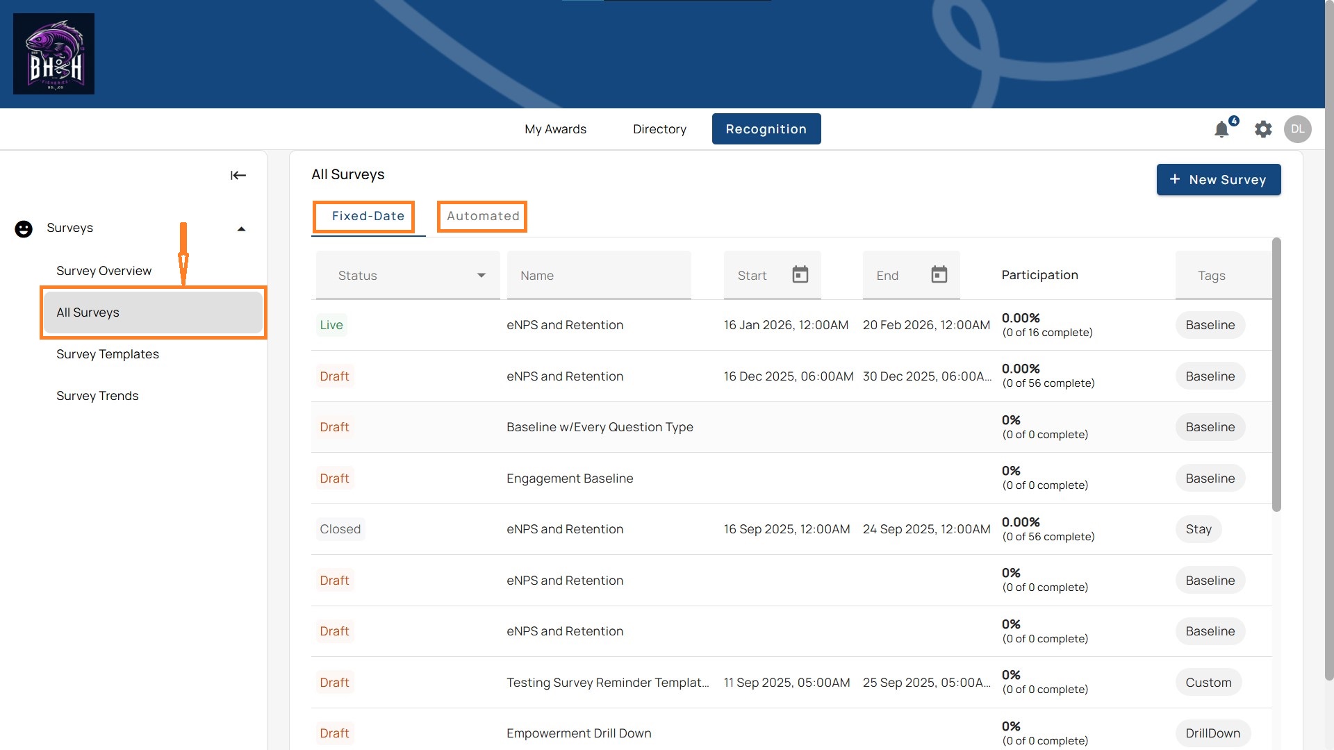 Central content table showing surveys and basic analytics.