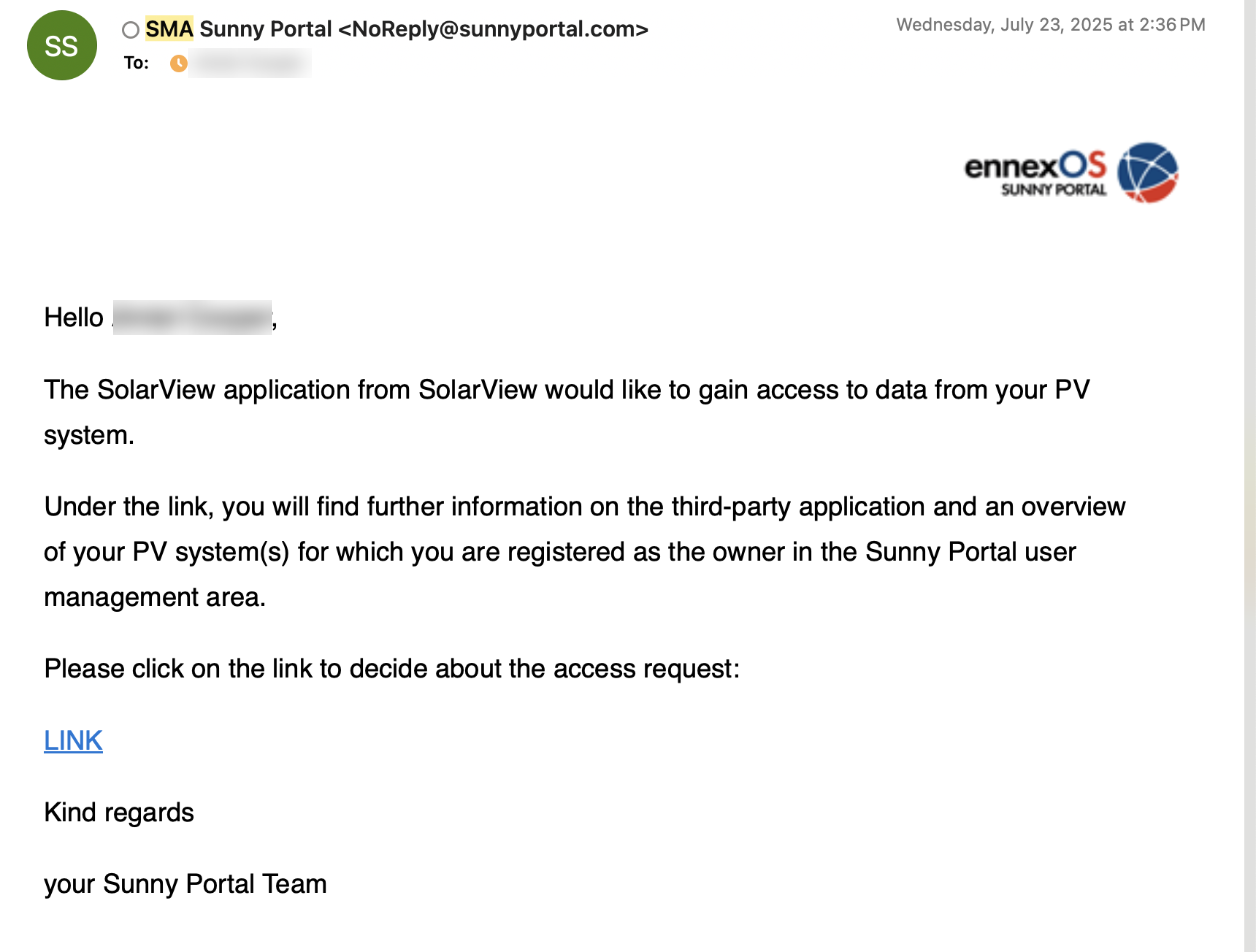 Sunny Portal email asking the system owner to approve the third-party application