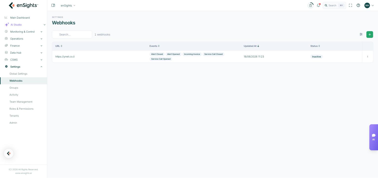 The Webhooks list: one webhook row showing its URL, subscribed event chips, last updated date and Inactive status, with a search box and add button above.