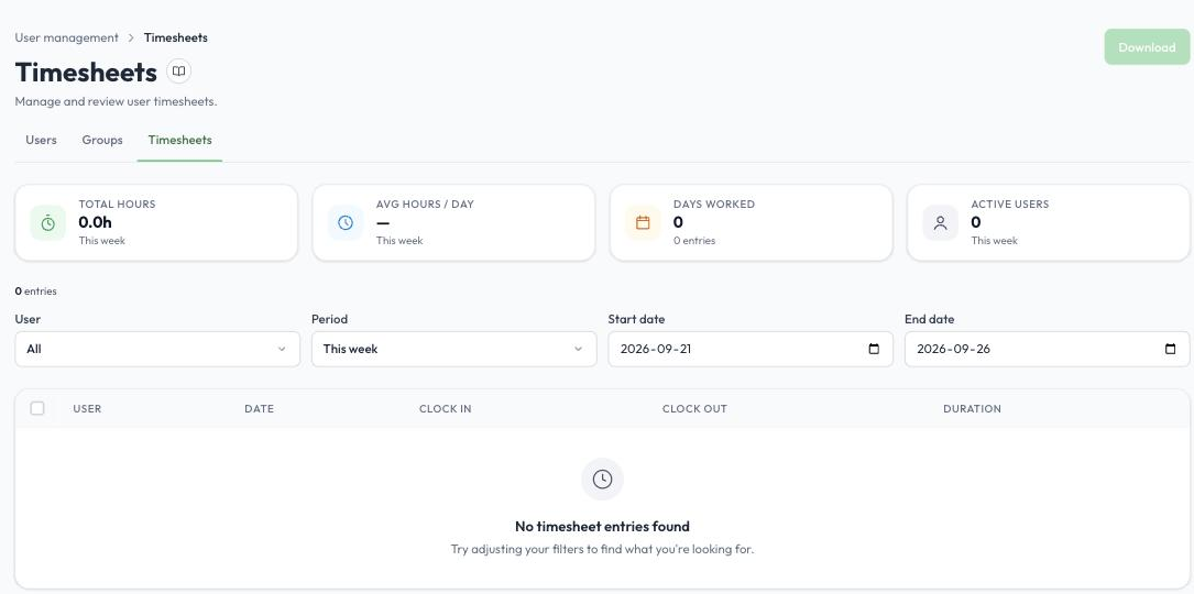 The Timesheets tab