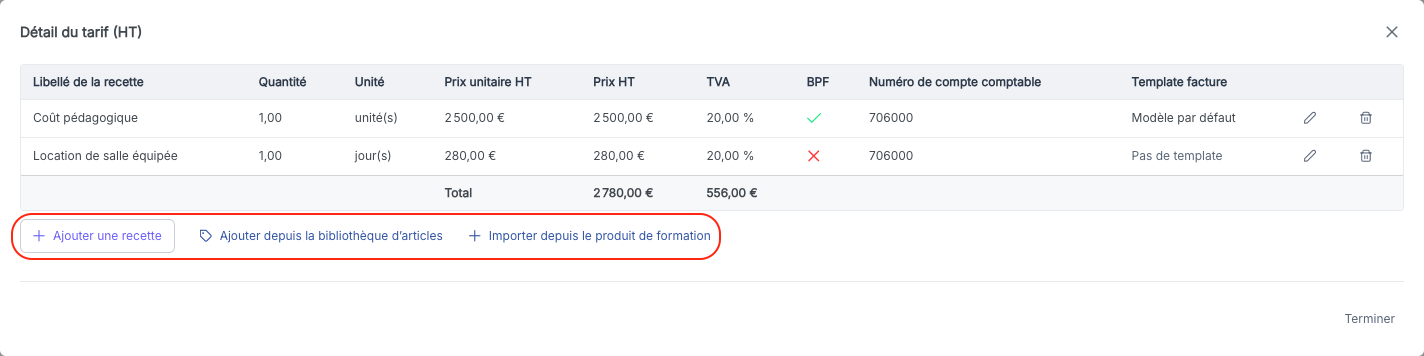 Modale Détail du tarif avec le bouton Ajouter une recette