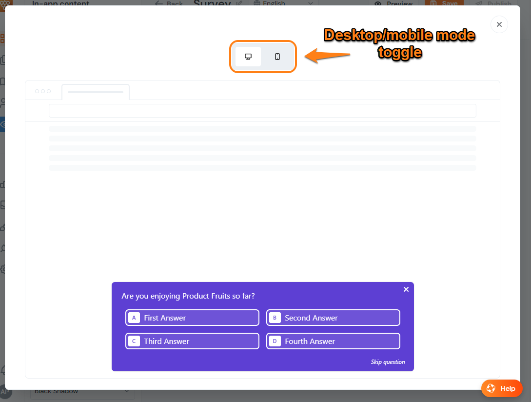A survey in preview mode highlighting the desktop mobile mode toggle in desktop view