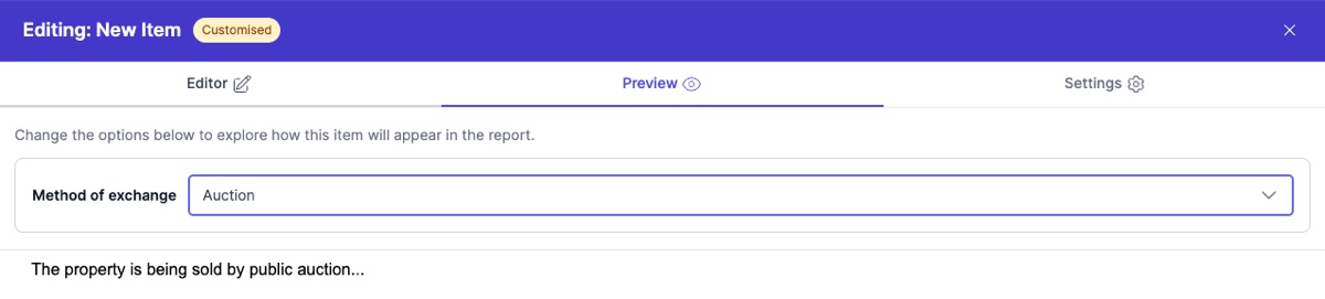 Preview showing Auction selected - the Has Strata Plan toggle disappears