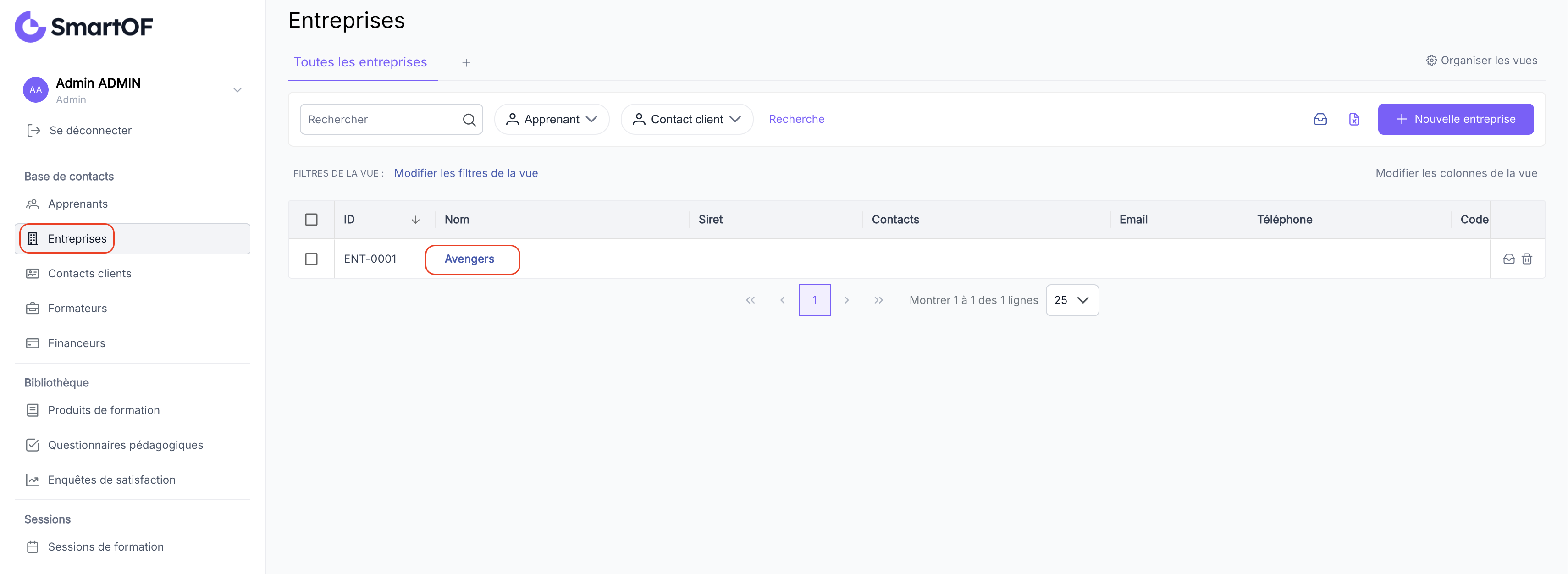 Sélection d'une fiche dans le CRM SmartOF