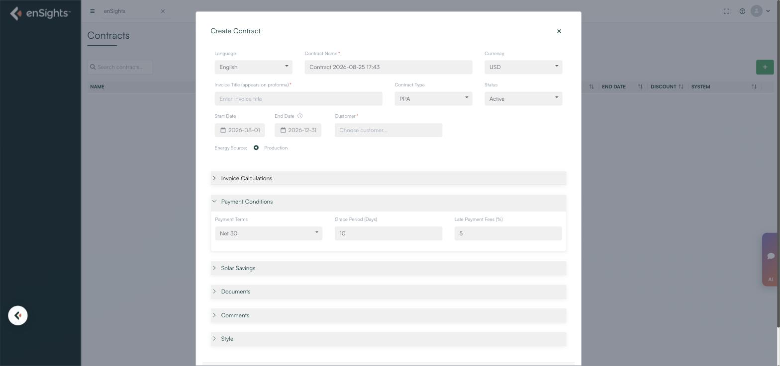 The Payment Conditions section and the remaining contract sections