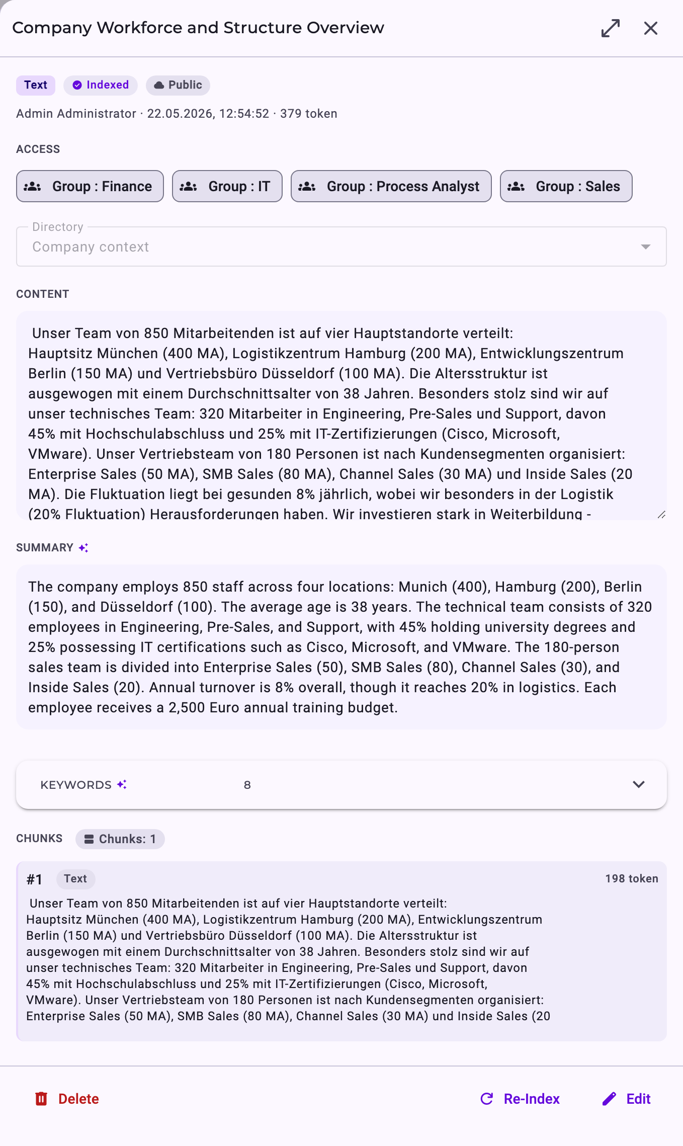 The detail panel of a context item with access, content, summary, keywords and chunks