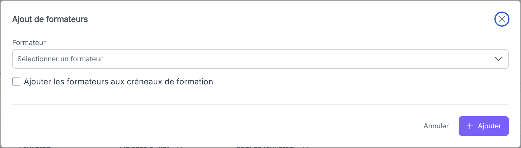 Modale d'ajout de formateur avec dropdown et checkbox
