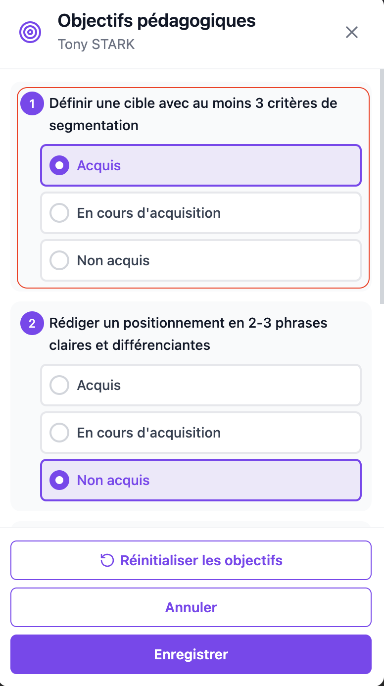 Grille d'objectifs renseignée pour un apprenant