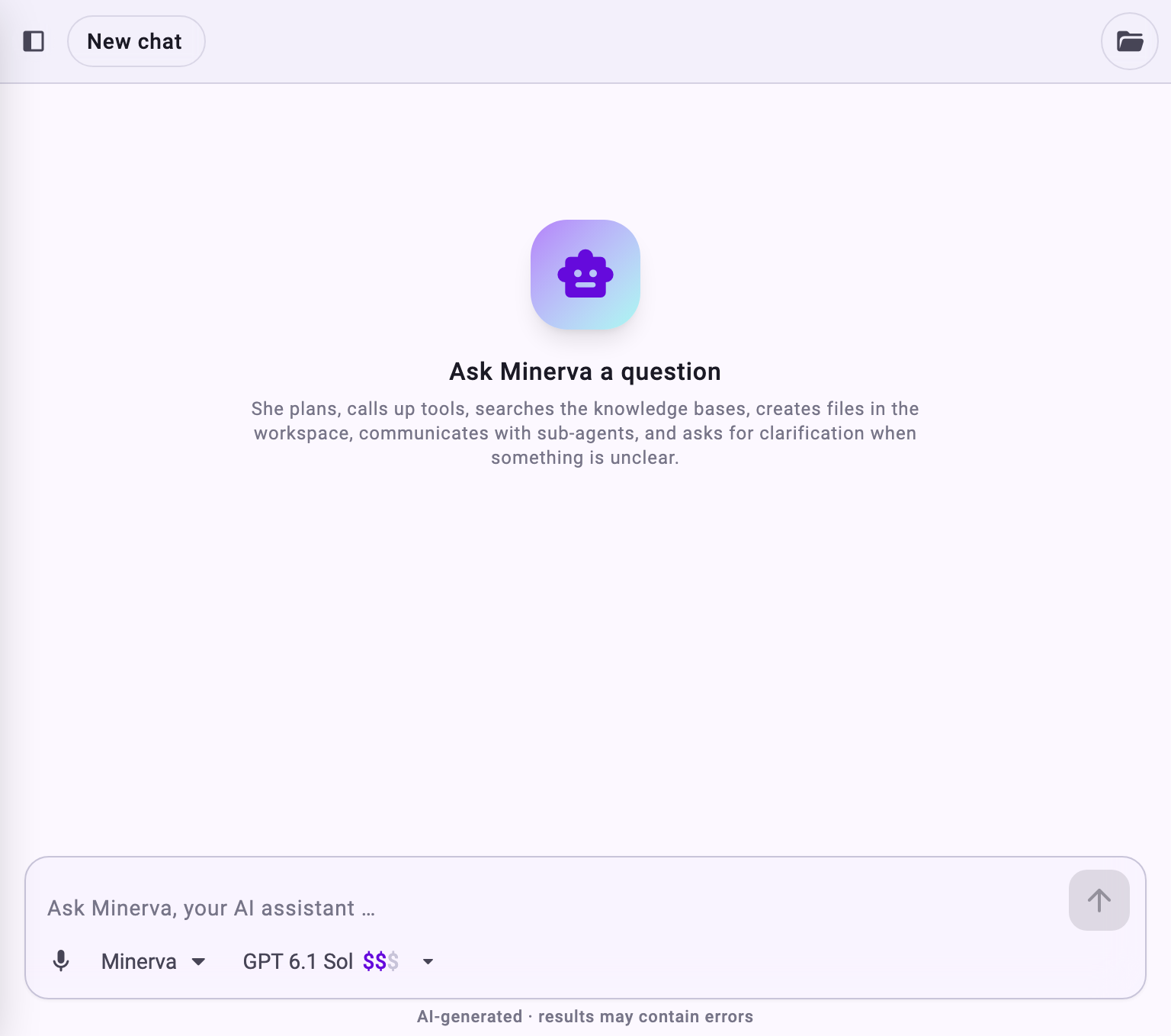 The Minerva panel with New chat, the question field and the agent and model selection
