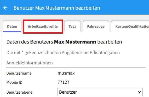 Benutzereinstellungen mit rot markierter Registerkarte „Arbeitszeitprofile"