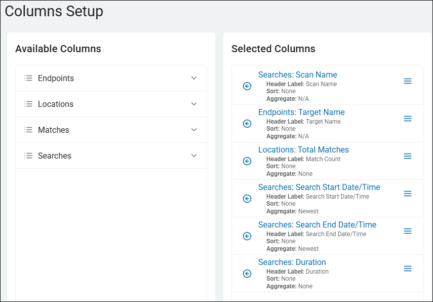 Columns Setup for Scan History Report
