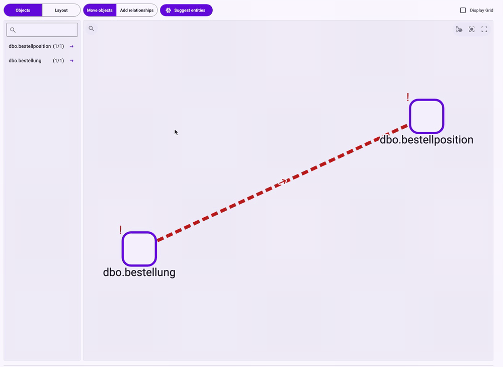 Animation: a right-click on the dashed data connection between dbo.bestellung and dbo.bestellposition, Configure, the panel Configure data connection below the canvas, the Mapped field next to the target column bestellung_id set to bestellung_id of the source, Confirm, and the connection on the canvas turns from dashed to solid